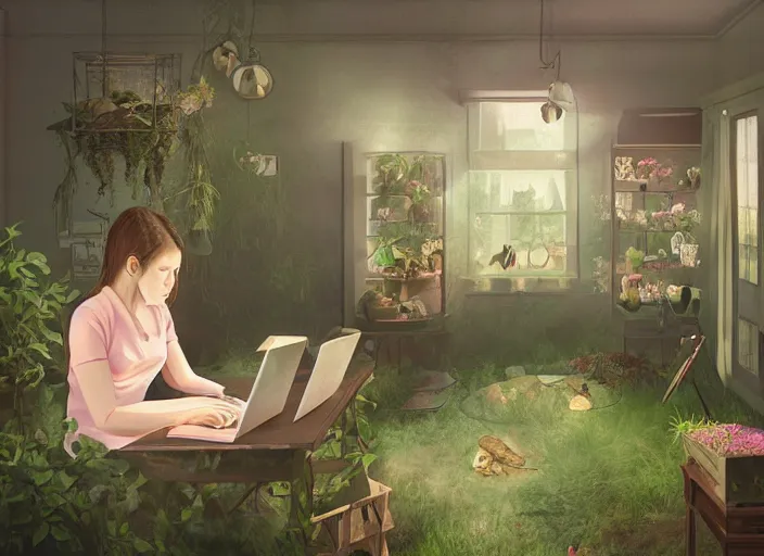 Prompt: a digital realistic and mysterious painting of a girl sitting in her room researching on her computer surrounded by terrariums with reptiles inside. dim lighting coming from her computer screen