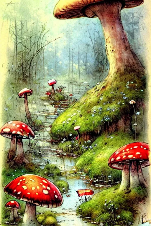 Prompt: hand rendered ( ( ( ( ( 1 9 5 0 s whimsical story book swamp of giant mushrooms, moss and flowers, stream with bridge. muted colors. ) ) ) ) ) by jean baptiste monge!!!!!!!!!!!!!!!!!!!!!!!!! chrome red