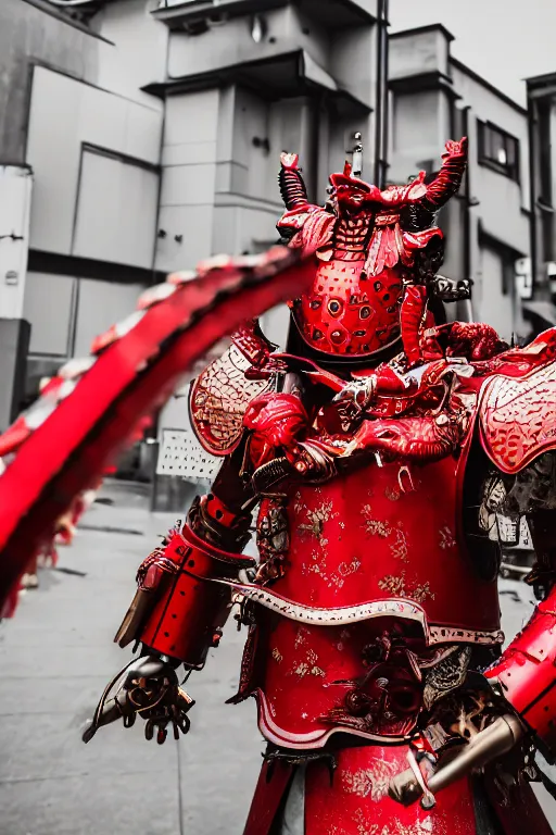 Image similar to photography of a mechanical dragon samurai in red japanese armor taken with Leica M11