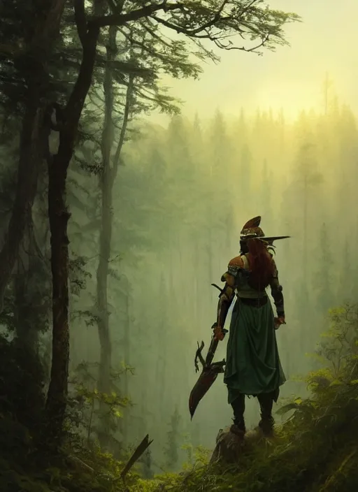 Image similar to elf soldier wearing dark green with a shield and sword on his back standing at a forest looking for adventure in the mountains, tall trees, landscape is lush, moody sunset in background, greg rutkowski, alphonse mucha, trending on artstation, artgerm, unreal engine, breathtaking, award winning, highly detailed