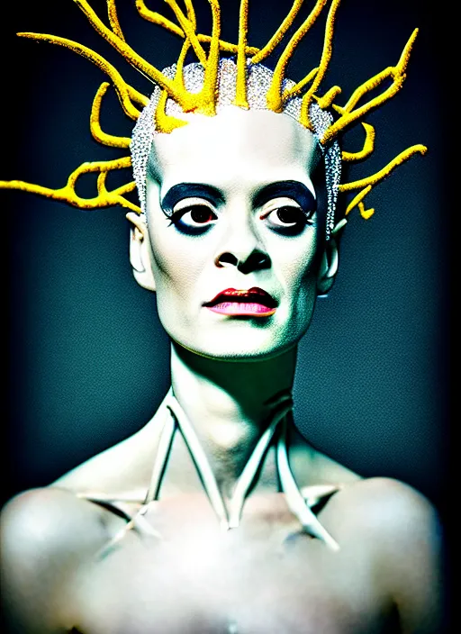 Prompt: high key lighting portrait of a bride of frankenstein, kintsugi, modern fine art, fractal, intricate, highly detailed, digital photography,