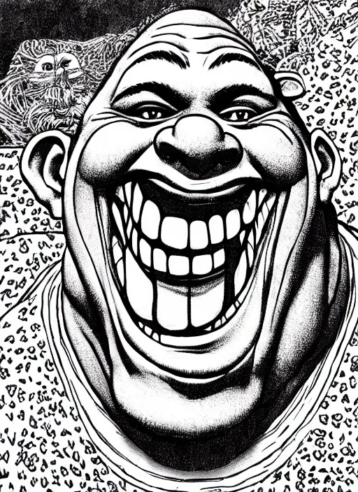 Prompt: portrait of shrek laughing, intricate, highly detailed, illustration, art by junji ito, junji ito