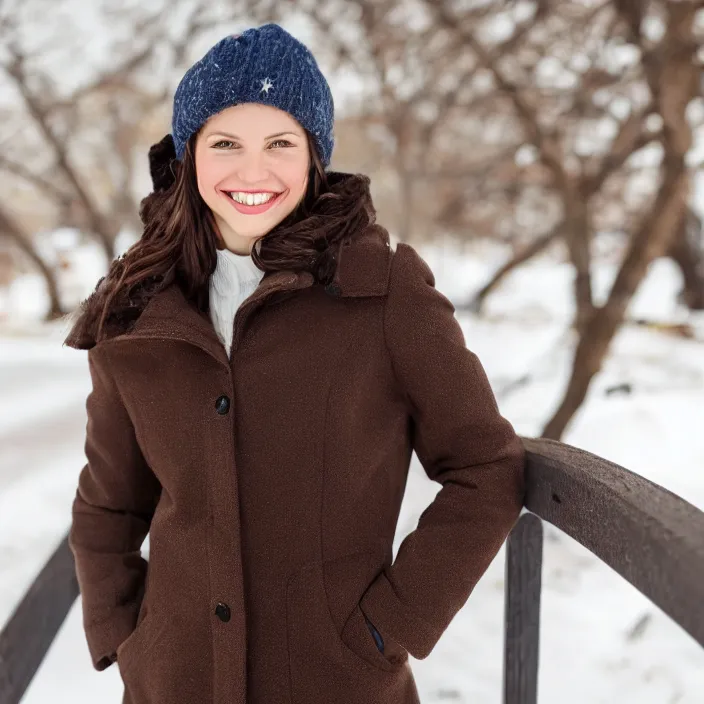 Image similar to a beautiful girl from minnesota, brunette, joyfully smiling at the camera opening her brown eyes. thinner face, irish genes, dark chocolate hair colour, wearing university of minneapolis coat, perfect nose, morning hour, plane light, portrait, minneapolis as background. healthy, athletic, in her early 2 8 s