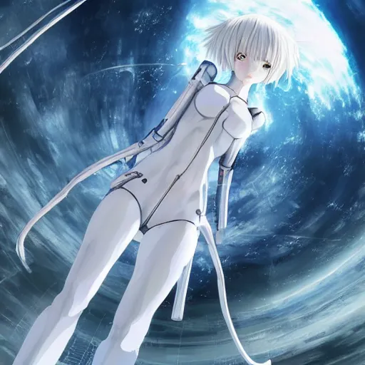 Image similar to This is a digital art piece by Yoshiyuki Sadamoto that is trending on artstation. It is a 8K UHD image of Rei Ayanami, a female anime character, inside a space station with technological rings. She is shot from the ground by Yoshiyuki Sadamoto. The environment is a concept design and the art is hyper realistic with intricate details.