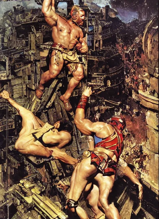 Image similar to huge warrior jocko willink vs godlike achilles at the walls of troy, dynamic action science fiction, by john berkey and lawrence alma tadema and rick berry and norman rockwell and jack kirby