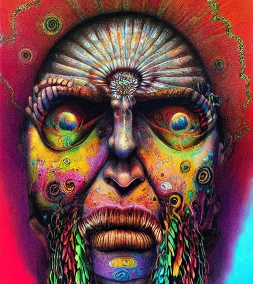 Image similar to Portrait painting in a style of Beksinski mixed with Alex Grey of an old shaman dressed in a colorful traditional clothes. Very psychodelic