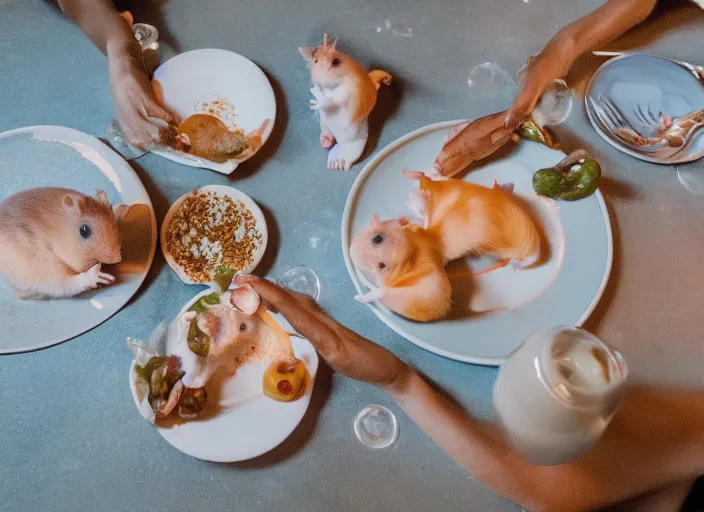 photo of a hamsters on a date, eating various michelin Stable