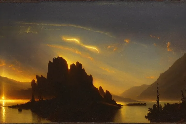 Image similar to sci-fi landscape, dramatic lighting, hudson river school painting, cinematic