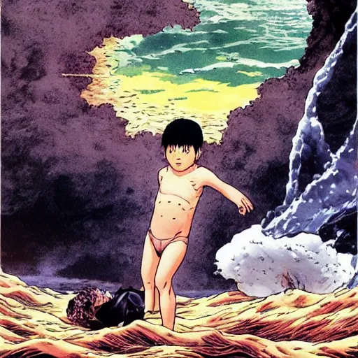 Image similar to man saves a child that is drowning in the river, in the style of katsuhiro otomo, naoki urasawa, hiroya oku, hiromu arakawa, makoto yukimura, yusuke murata, inio asano, naoko takeuchi, rumiko takahashi, takehiko inoue