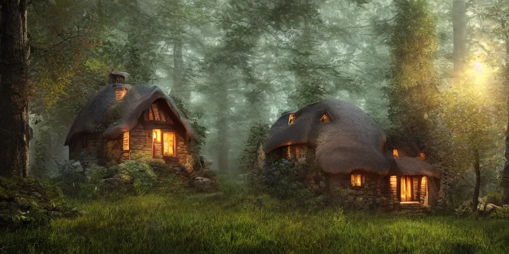 Image similar to a cottage in the woods, fantasy, hyper realistic, dramatic lighting, 8k