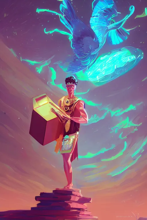 Image similar to the handsome god hermes, wearing winged helmet, handing huge glowing laptop computer to a modern woman, digital painting bioluminance alena aenami artworks in 4 k design by lois van baarle by sung choi by john kirby artgerm style pascal blanche and magali villeneuve