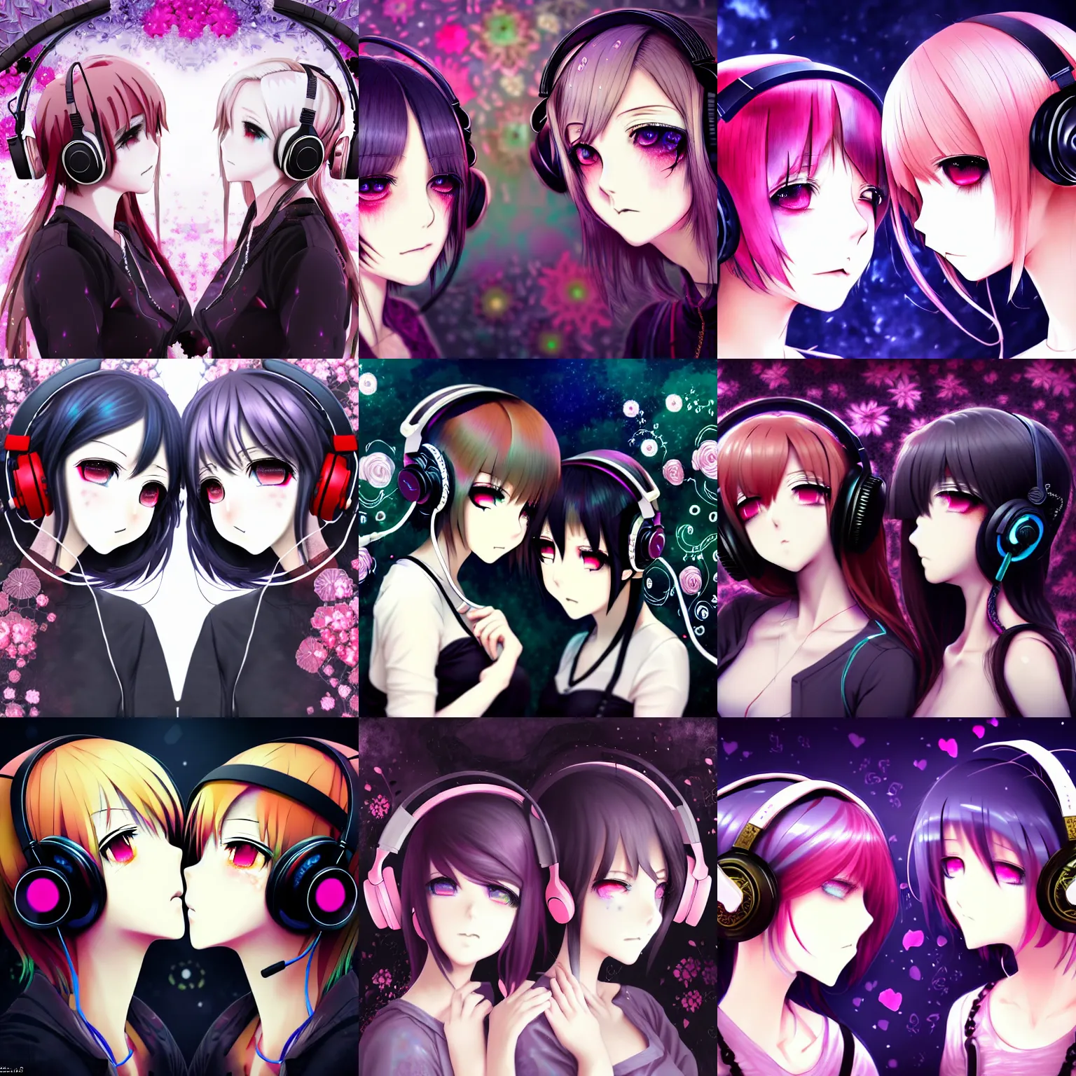 Prompt: two beautiful lesbian girls in love, wearing headphones, fractal background motif, floral background, destruction, reality warping, desolate, gothic, in the style of anime, close - up, highly detailed face, 4 k, artstation, intricate, chaotic, brutal, esoteric, highly detailed, stylized, japanese, amazing composition