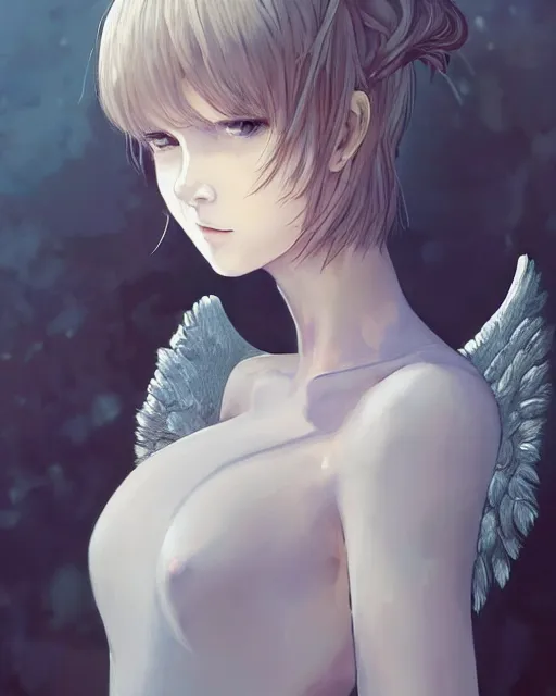 Image similar to an infinitely detailed portrait of a frail and pale female peace angel elegantly. fully - clothed full - body, beautiful! scenery art!! coherent! by wlop & murata range, by ilya kuvshinov. victorian armor trim, cold color palette, artstation / pixiv!! elegantly armored angel portrait full - body, dreamy art