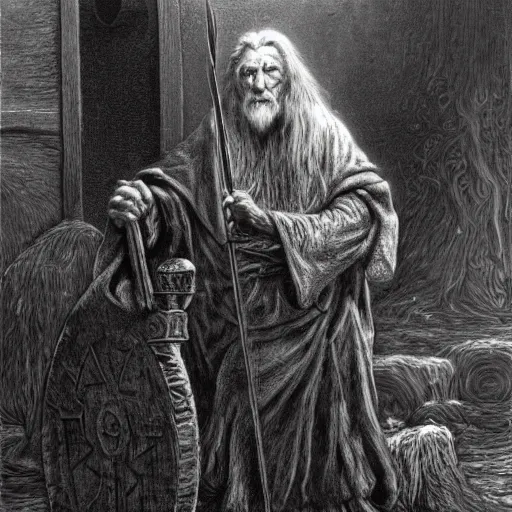 Prompt: the evil ian mckellen smithing on an anvil as gandalf in a dark viking hood playing odin all father crafting a neural network with golden synapses on an anvil with fire, highly detailed, cinematic shot, cinematic lighting, 8 k, exquisit facial detail, colored painting by gustave dore.