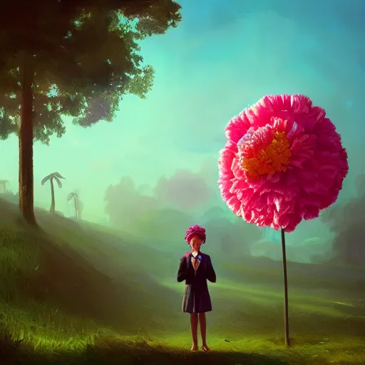 Image similar to giant carnation flower head, girl in suit, surreal photography, sunrise, dramatic light, impressionist painting, digital painting, artstation, simon stalenhag