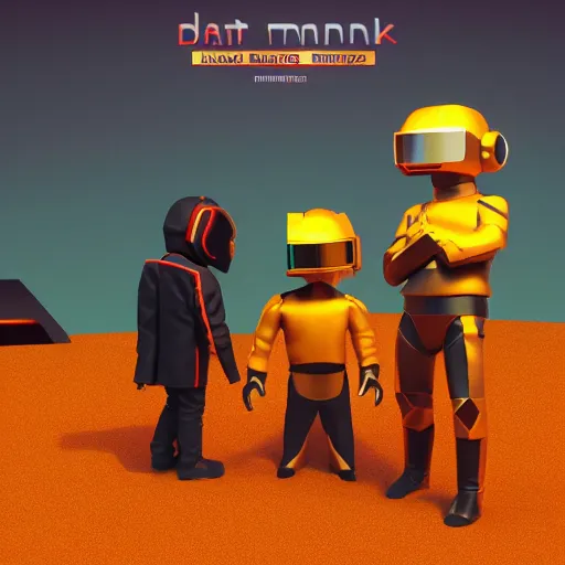 Prompt: 3D low-poly render of miniature daft punk kids standing back to back, twilight zone background, illustration, artgerm, octane render, inspired by Greg rutkowski, colorful, studio lighting, full body,