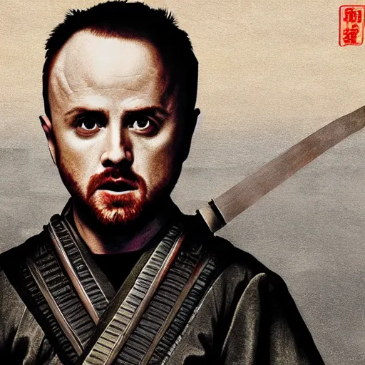 Image similar to jesse pinkman from breaking bad wearing samurai armor and holding a katana in feudal japan, 4 k, hyper realistic, ink block painting, edo period