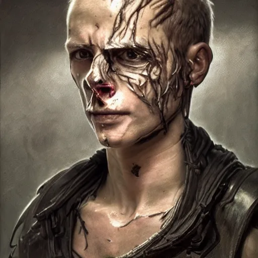 Image similar to portrait painting of a bitter young man with severe burn scars on his face and poorly cut very short hair wearing tattered leather armor, ultra realistic, concept art, intricate details, eerie, highly detailed, photorealistic, octane render, 8 k, unreal engine. art by artgerm and greg rutkowski and charlie bowater and magali villeneuve and alphonse mucha