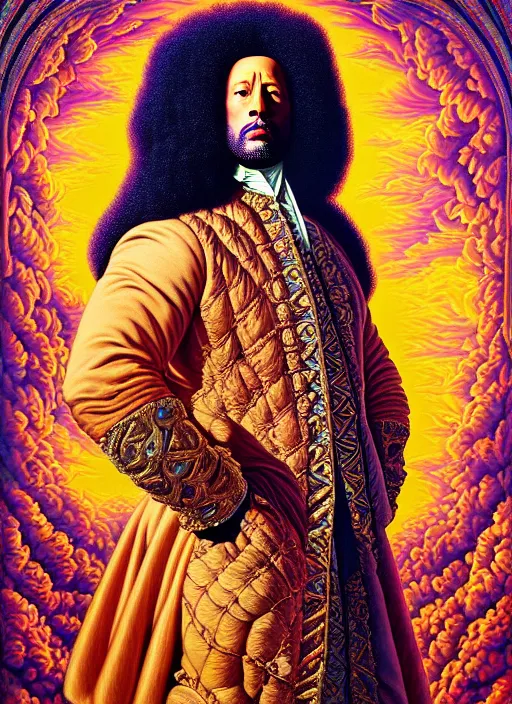 Image similar to beautiful oil painting, full length portrait of dwayne Johnson as Louis xiv in baroque coronation robes 1701, hyacinthe rigaurd , Dan Mumford, Dan Mumford, Alex grey, highly detailed , lsd visuals, dmt fractal patterns, visionary art, psychedelic art, ornate, vaporwave, baroque, Greg rutkowski