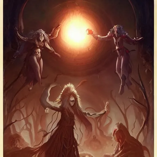 Image similar to female acolytes around demonic summoning circle summoning a demon knight. incredible detail. by tom bagshaw and by magali villeneuve and by wlop