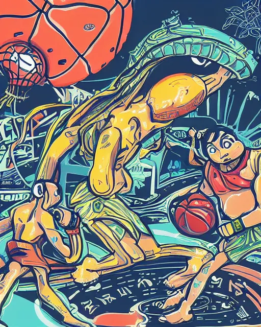 Prompt: digital illustration of a aliens doing mixed martial arts and basketball, mix of styles, collage of styles, highly detailed, abstract, intricate, studio ghibli color scheme