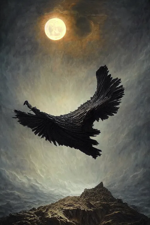 Prompt: Intricate stunning highly detailed raven by agostino arrivabene and Vladimir Kush, surreal metal sculpture, ultra realistic, Horror, dramatic lighting, full moon, blood moon, thick black swirling smoke tornado, burning fire embers, artstation