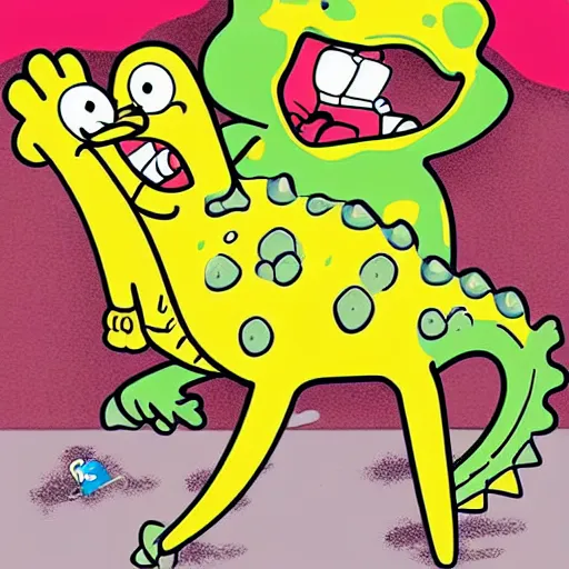 Image similar to spongebob riding a dinosaur, cartoon style