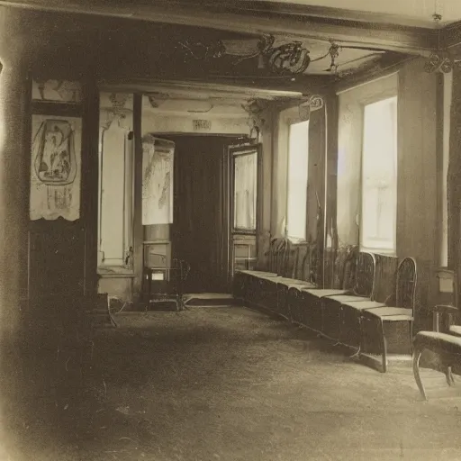 Image similar to an early daguerrotype photograph of the backrooms from the 19th century