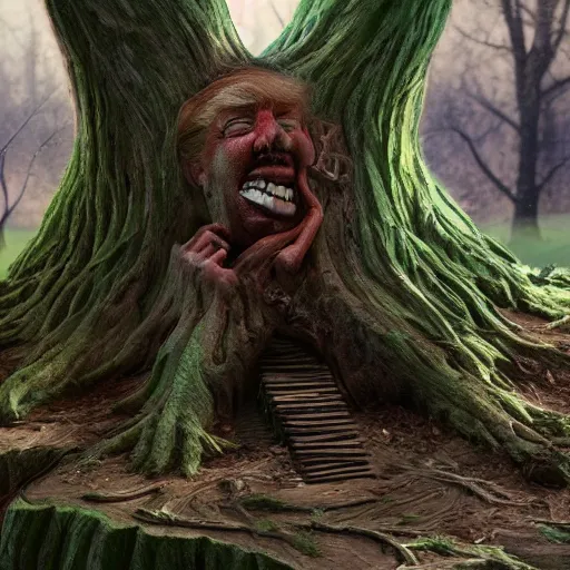 Image similar to donald trump is fused into a tree stump, hyperdetailed, artstation, cgsociety, 8 k