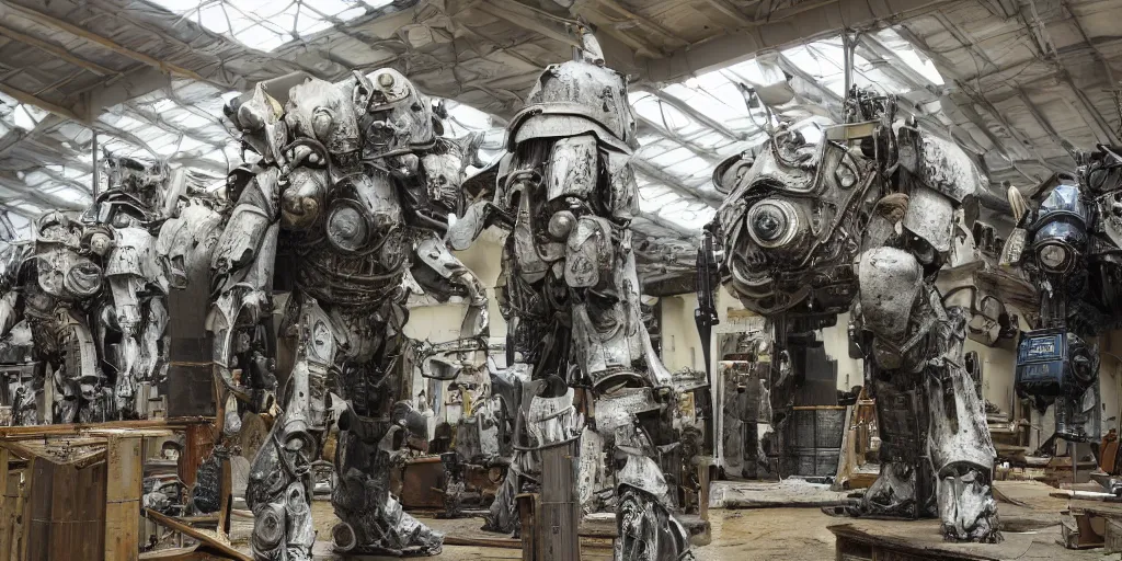 Image similar to wide angle panorama shot photo taken of an epic intricate, ultra detailed, super realistic gritty, hero prop, exquisitely weathered very clunky, bulky fallout 5 power armour suits movie prop replica's in a row in the workshop, created by weta workshop, full body shot, photorealistic, sharp focus, white wall, cold colour temperture