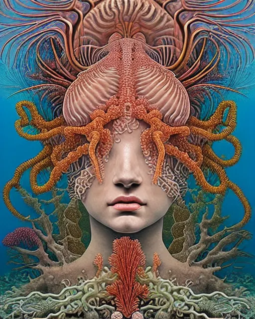 Image similar to realistic detailed underwater face portrait of the beutiful young goddess of the fish of the fractal waters with an intricate headdress of corals, sea kelp, sea plants, coral reef, fish, jellyfish, art by ernst haeckel, zdzisław beksinski, hieronymus bosch, gothic, neo - gothic, ornamental, beautiful deep colours,