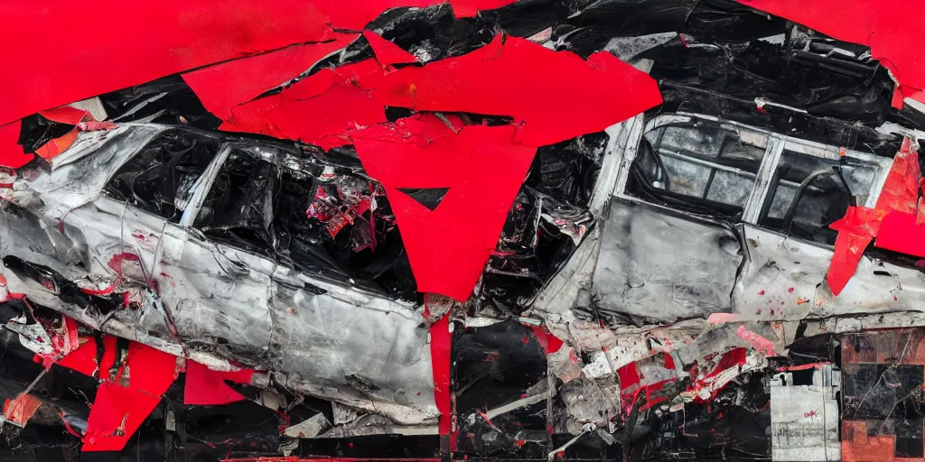 Prompt: rendered in blender car crash test, red and black, collage paper and tape, acrylic on canvas, hyperrealism mixed with expressionism, high resolution, cinematic, unreal 6, breathtaking detailed, by blake neubert