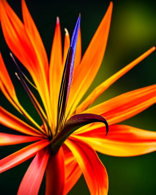 Prompt: super sharp microphotography ornate Birds of Paradise flowers dali robert steven connett dramatic orange light 8k low angle shallow depth of field