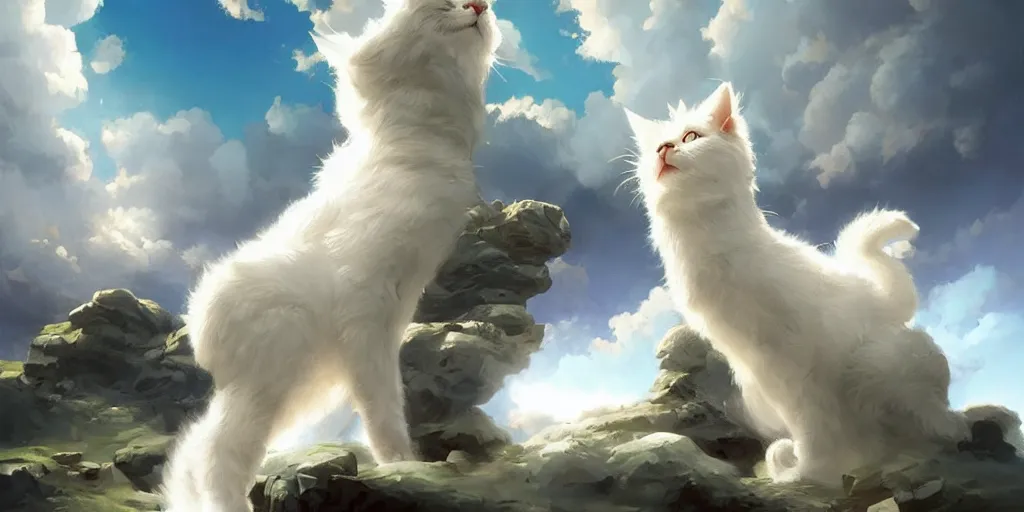 Prompt: a sending down [ of the revelation ] from a white fluffy cat who created the earth and the lofty heavens, overdetailed art, by greg rutkowski, by rhads, sharp focus