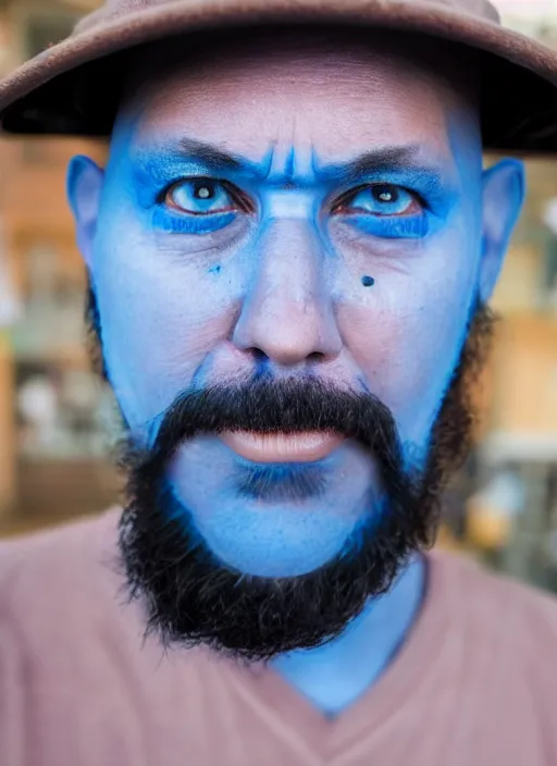 Image similar to fish eye lens close up photograph of a man with blue skin and a goatee side eyeing the camera with a sympathetic look