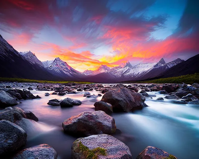 Prompt: landscape photography by marc adamus, stream, sunset, dramatic lighting, mountains, clouds, beautiful