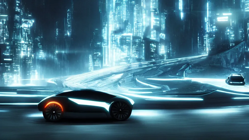 Image similar to a futuristic minimalist sports car driving down a mountain road at night, film still from tron legacy