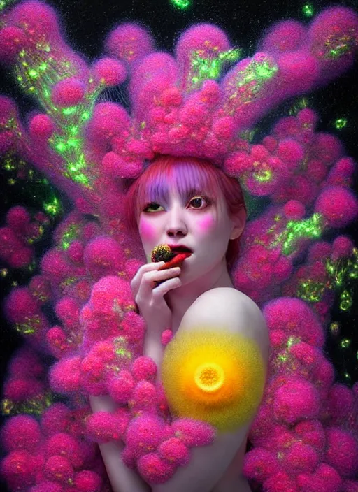 Image similar to hyper detailed 3d render like a Oil painting - kawaii Aurora (Singer) seen Eating of the Strangling network of yellowcake aerochrome and milky Fruit and Her delicate Hands hold of gossamer polyp blossoms bring iridescent fungal flowers whose spores black the foolish stars by Jacek Yerka, Mariusz Lewandowski, Houdini algorithmic generative render, Abstract brush strokes, Masterpiece, Edward Hopper and James Gilleard, Zdzislaw Beksinski, Mark Ryden, Wolfgang Lettl, hints of Yayoi Kasuma, octane render, 8k