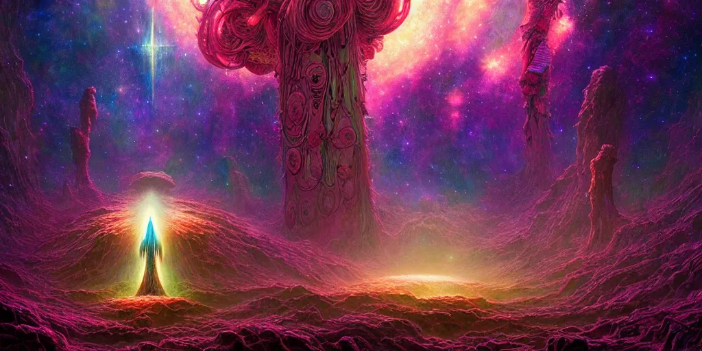 Image similar to of a beautiful digital photorealistic painting of a large alien shrine life and death surrounded by mystic nebula magical rosses by moebius and android jones, oil on canvas sharp, details, hyper - detailed, hd, hdr, 4 k, 8 k