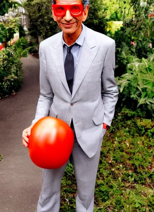 Image similar to jeff goldblum dressed as a tomato