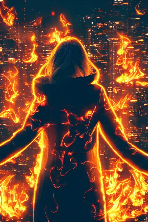 Image similar to young blonde woman from behind with flames dancing on her hands with a long jacket in a cyberpunk city, realistic, high definition, 4K, shimmering color, art of pixal