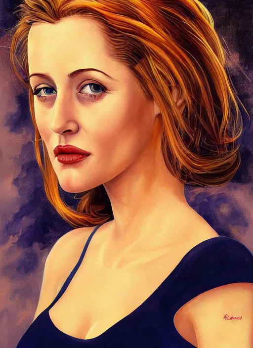 Image similar to a beautiful painting of young gillian anderson by carlos botong francisco, detailed, trending on artstation, hd, masterpiece