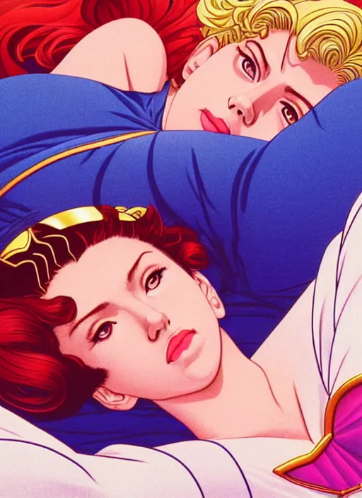 Image similar to perfectly centred realistic portrait of scarlett johansson as a sailor moon, lying on pillow, early morning, close - up shot, light falling on face, futuristic, highly detailed, 8 0 - s style poster, sharp focus, illustration, art by kawase hasui,