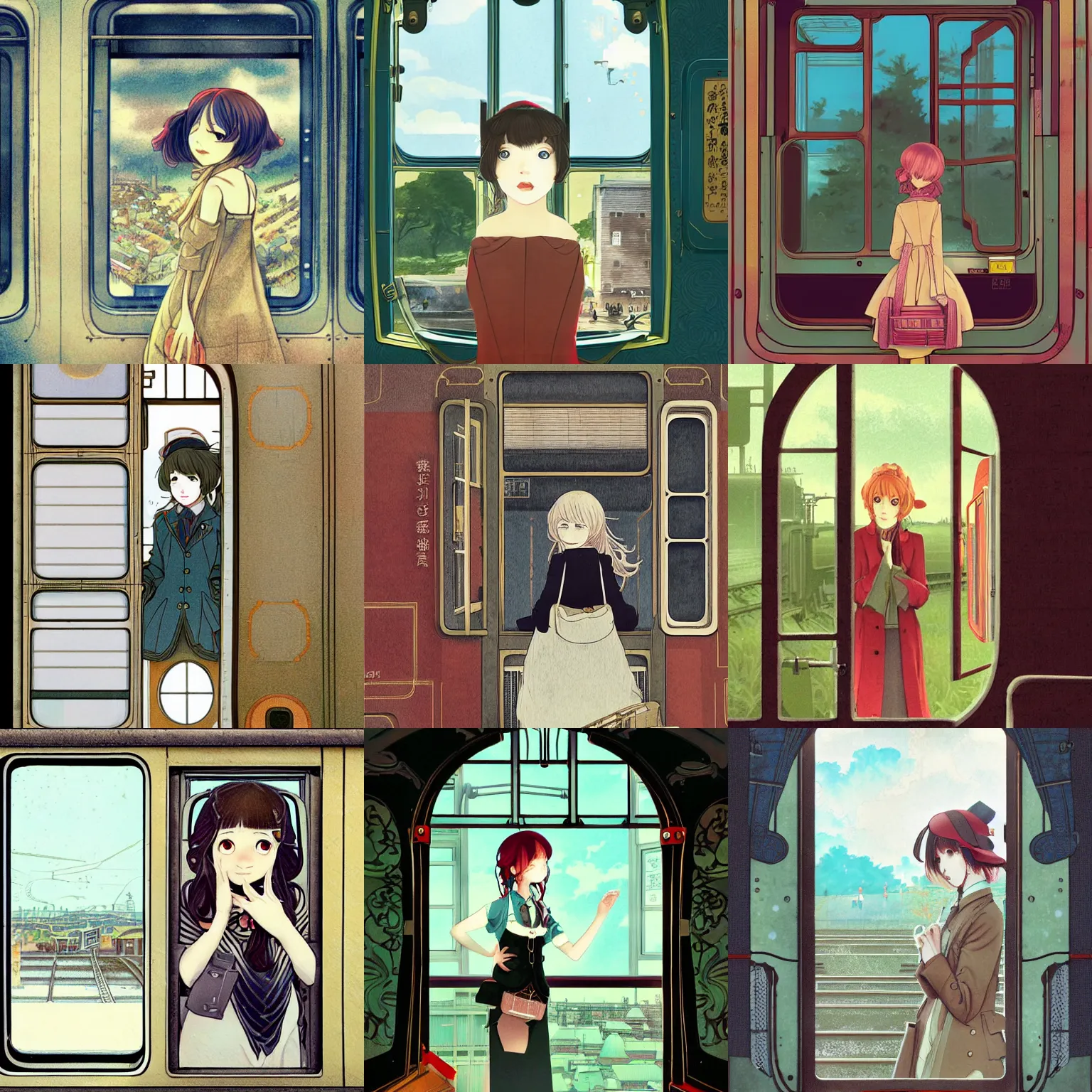 Prompt: a girl is standing in a train looking out the window, a storybook illustration by hidari jingoro, featured on pixiv, art nouveau, pixiv, steampunk, official art