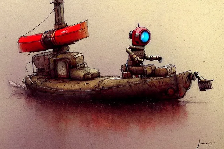 Image similar to adventurer ( ( ( ( ( 1 9 5 0 s retro future robot android mouse house boat tug boat calm stream. muted colors. ) ) ) ) ) by jean baptiste monge!!!!!!!!!!!!!!!!!!!!!!!!! chrome red