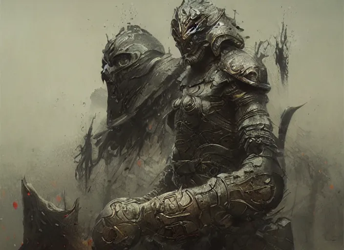 Prompt: warrior concept, beksinski, age of sigma art, ruan jia, dark soul armor concept