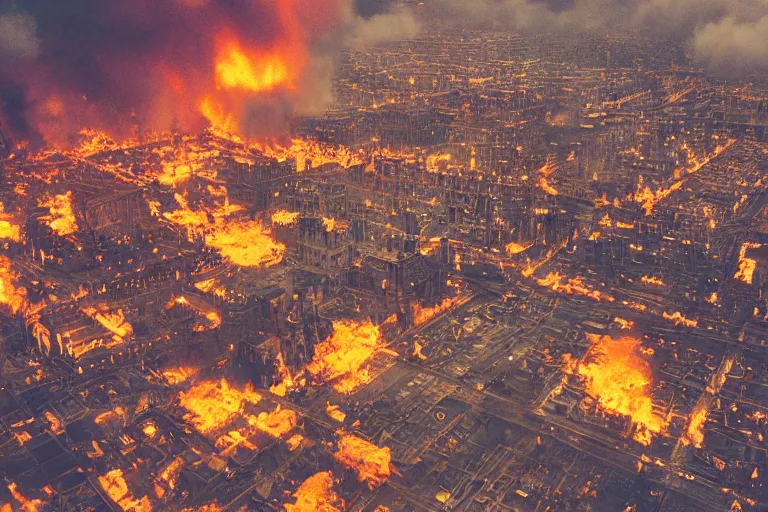 Prompt: steampunk city on fire, aerial view, color 120 film