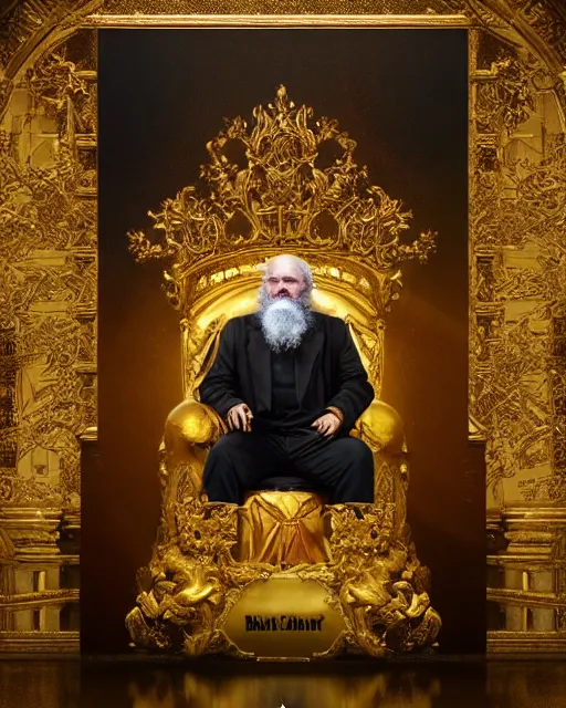 Prompt: oil painting of Karl Marx, sitting on golden throne, wearing golden crown, proud look, full body, sharp focus, fantasy style, octane render, volumetric lighting, 8k high definition, by greg rutkowski, highly detailed, trending on art Station, magic the gathering artwork, woodland backround