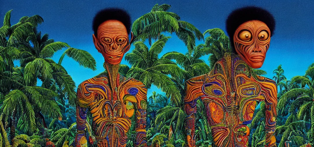 Image similar to very high resolution image from a new movie. a beautiful tropical landscape, portrait of an alien. 2 4 mm, photorealistic, photography, directed by mati klarwein