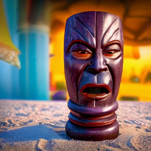 Image similar to a closeup photorealistic photograph of a thanos style tiki mug sitting at a trader vic's beach bar featuring the face of thanos. tiki party. bright scene. fine detail. this 4 k hd image is trending on artstation, featured on behance, well - rendered, extra crisp, features intricate detail, epic composition and the style of unreal engine.